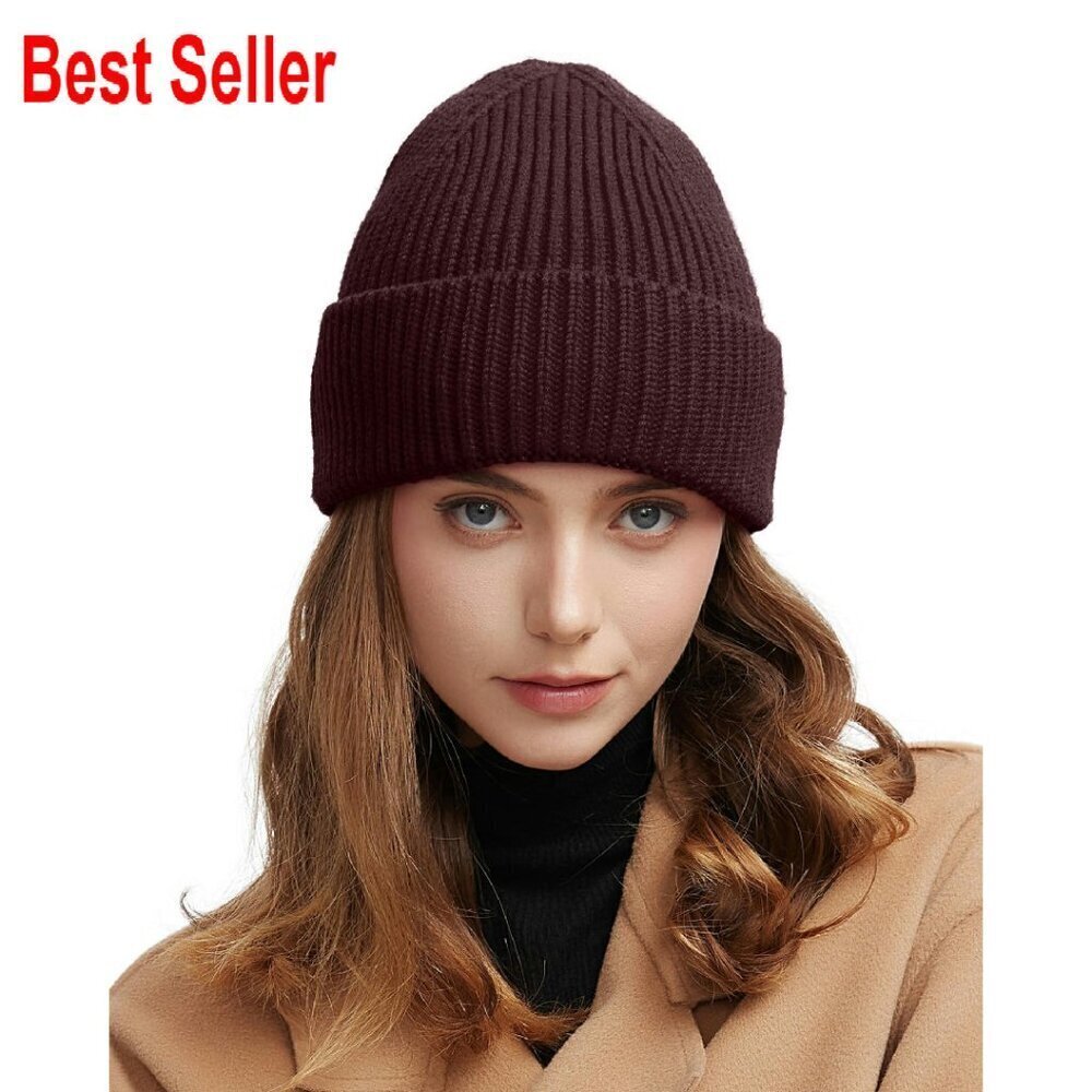 Merino Wool Blend Beanie Unisex Seamless Knit Cuffed Winter Hat Classic